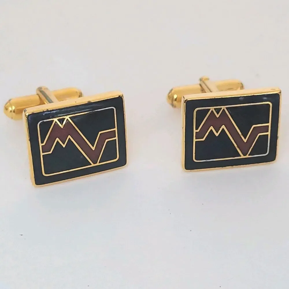 Mario Valentino MV Gold Black Red Tone Rectangle Logo Cufflinks Designer Retro